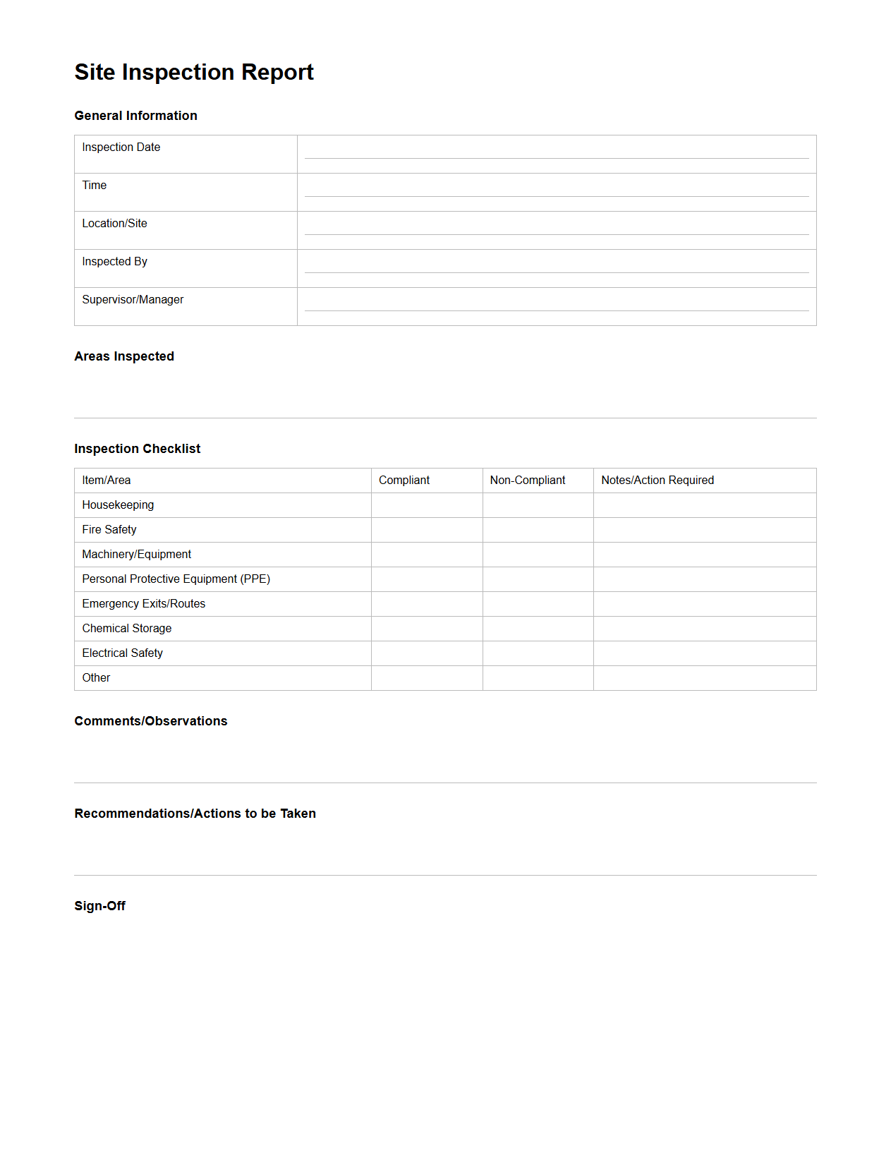 Blank Site Inspection Report Template for Workplace Compliance