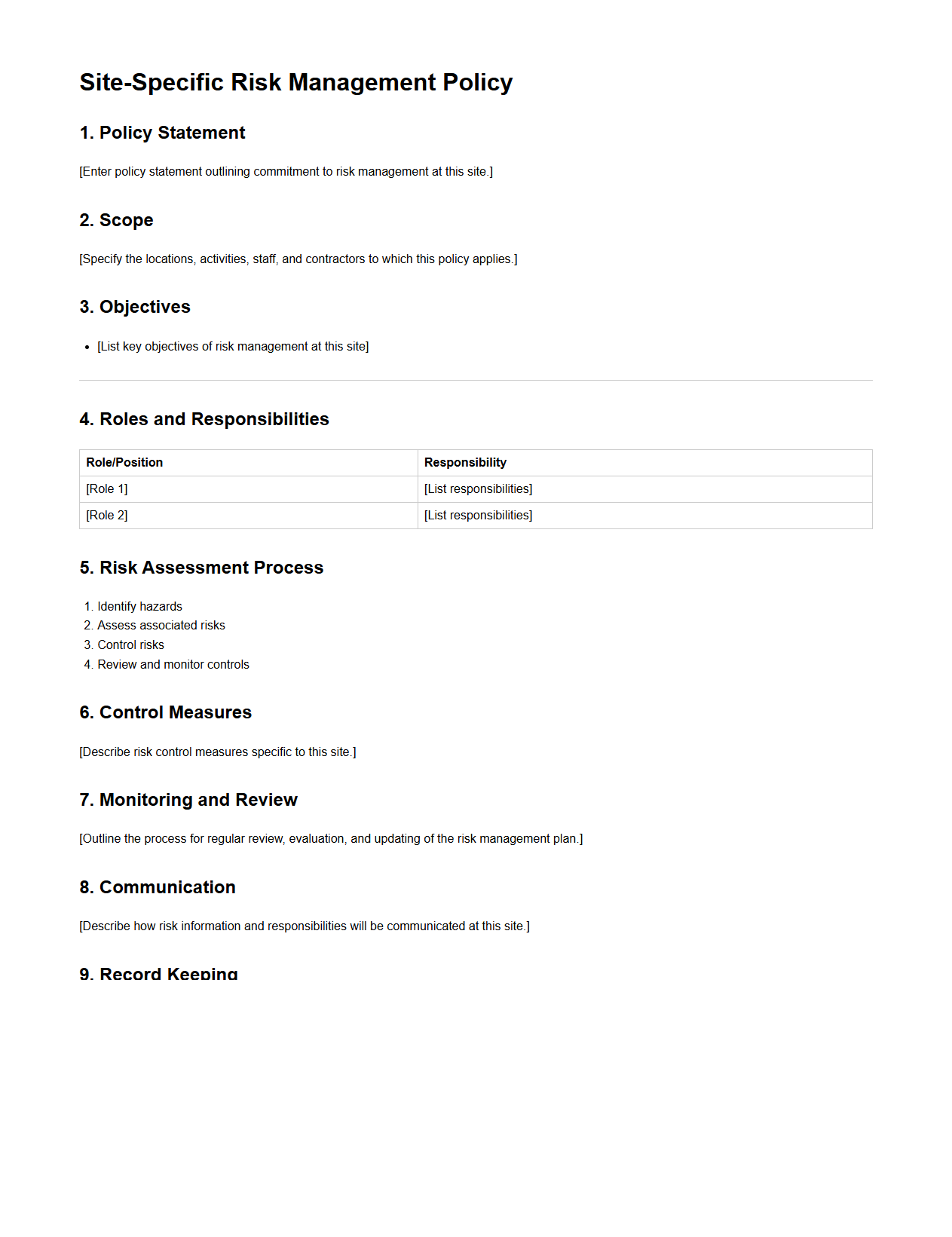 Blank Site-Specific Risk Management Policy Template