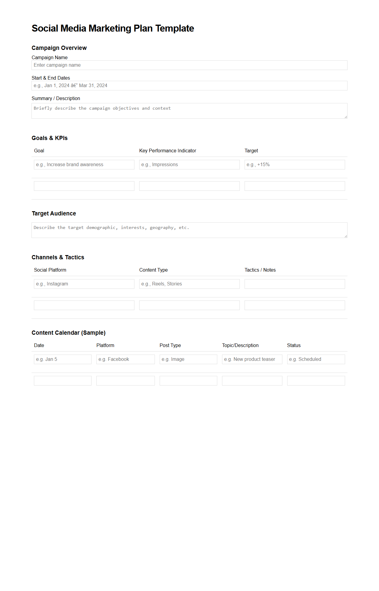 Blank Social Media Marketing Plan Template for Campaigns