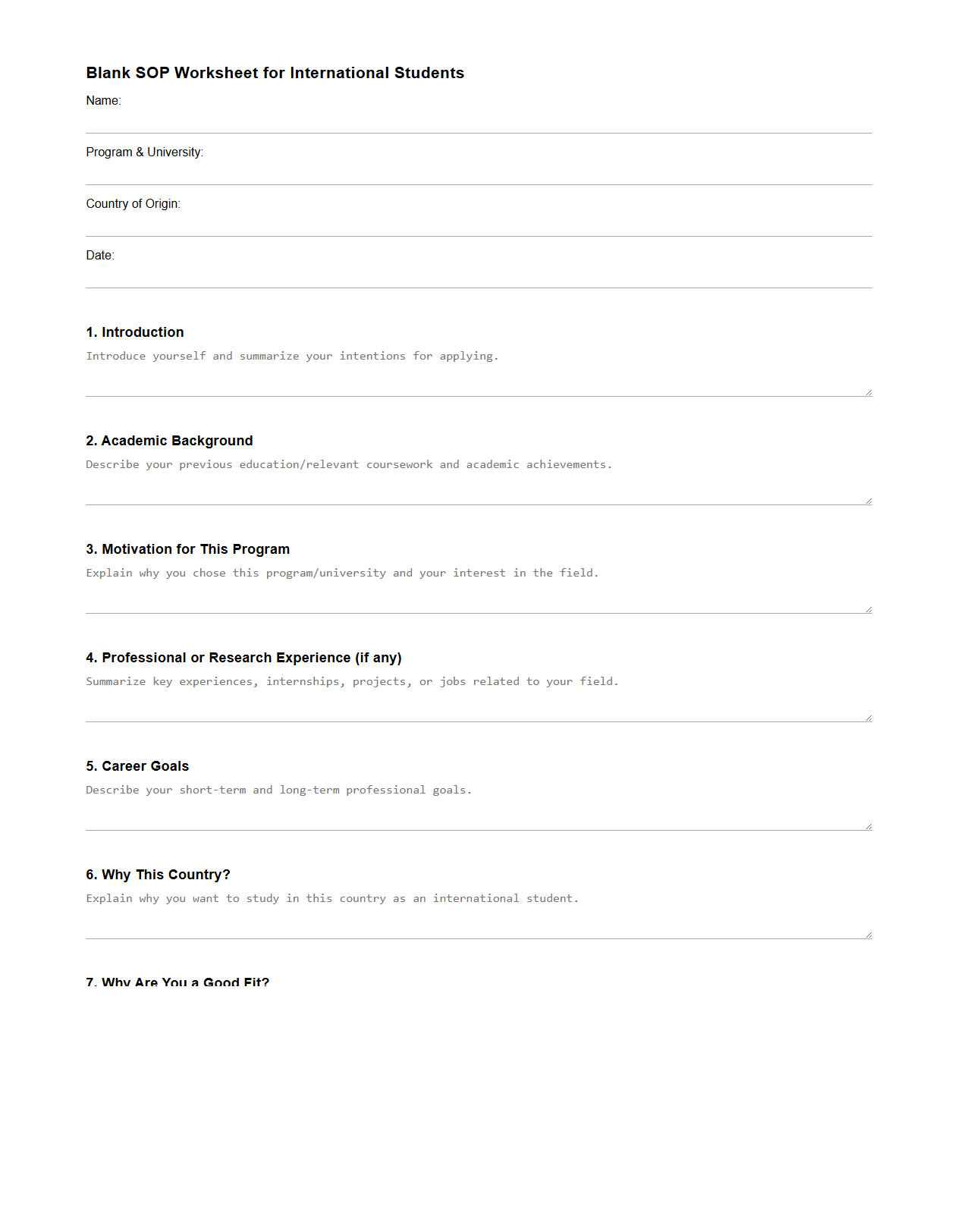 Blank SOP Worksheet for International Students