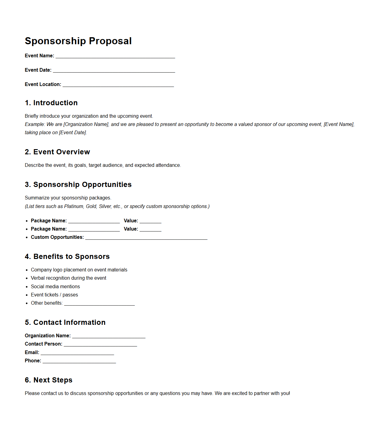 Blank Sponsorship Proposal Template for Event Applications