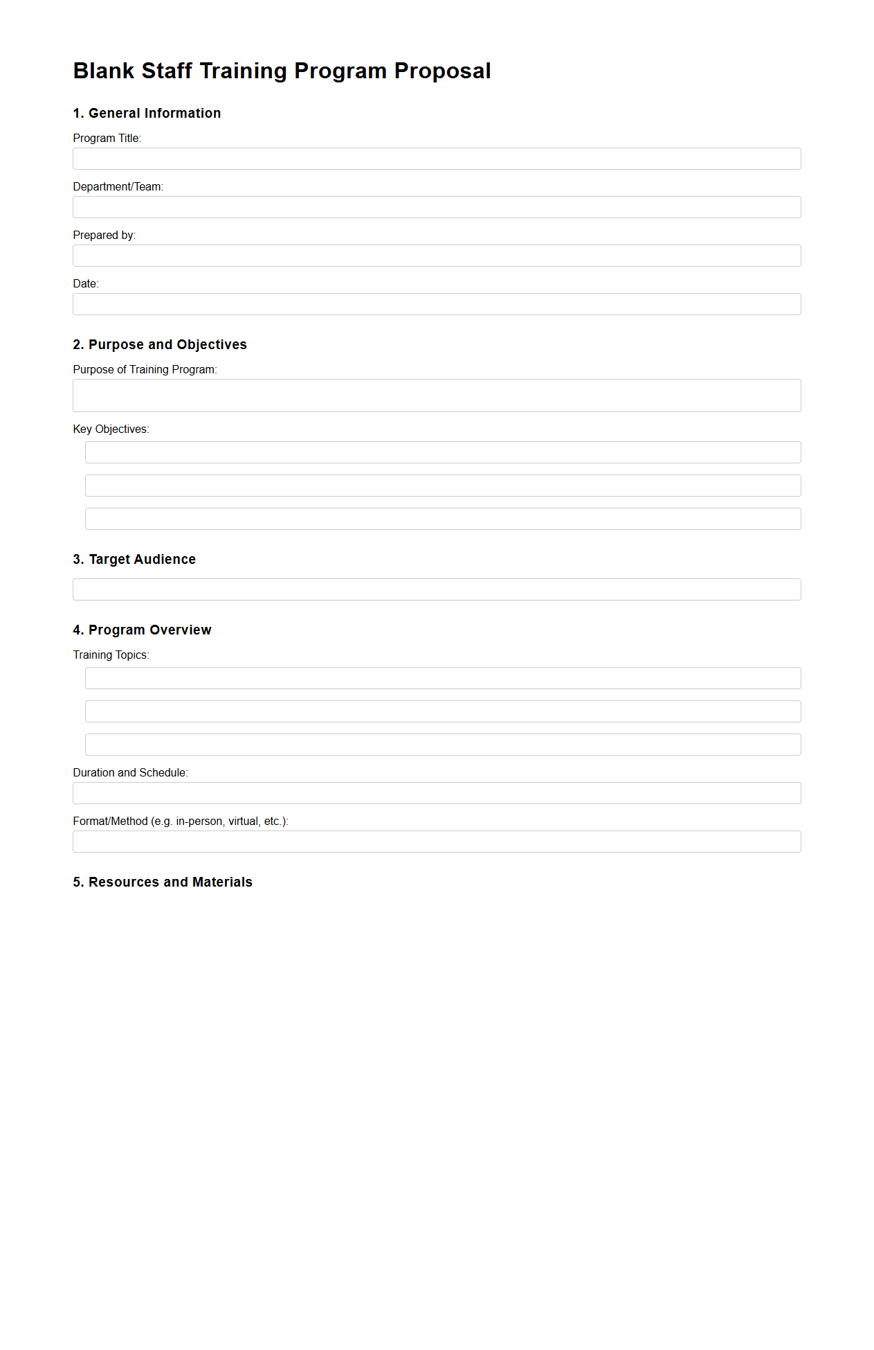 Blank Staff Training Program Proposal Template for Professional Growth