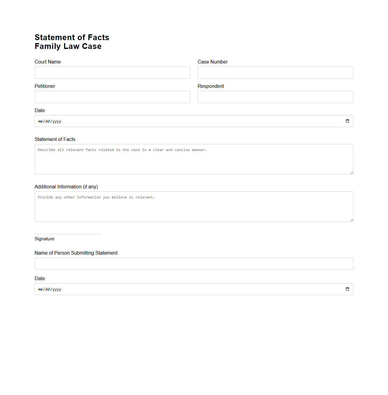 Blank Statement of Facts Template for Family Law Cases