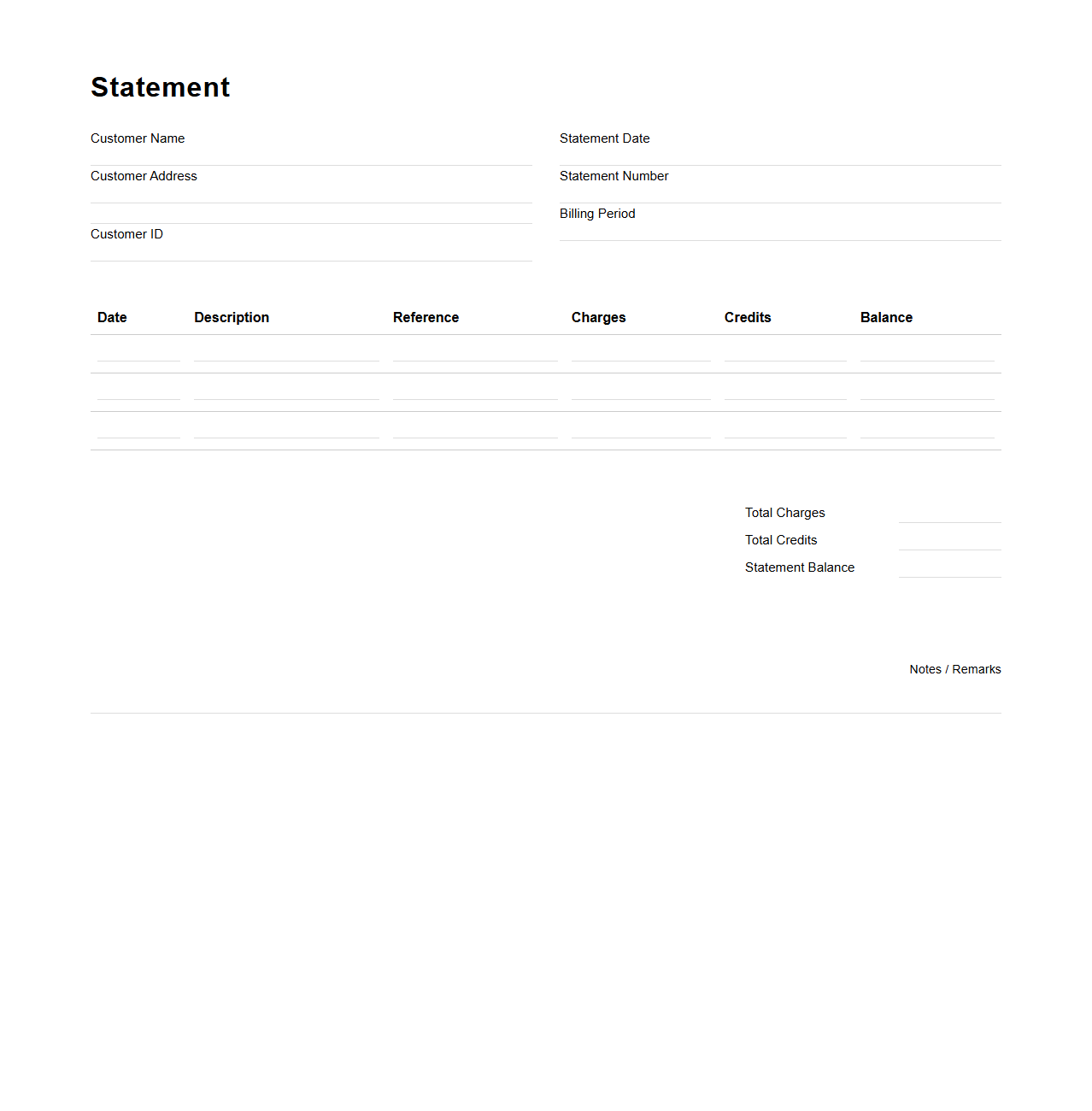 Blank Statement Template for Customer Billing