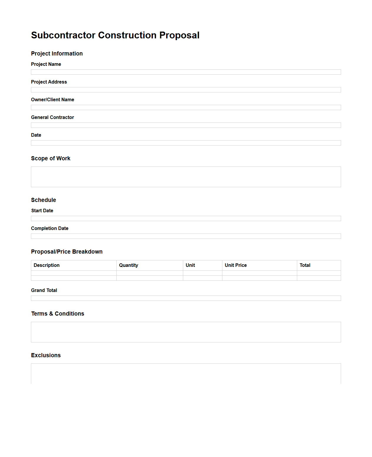 Blank Subcontractor Construction Proposal Format