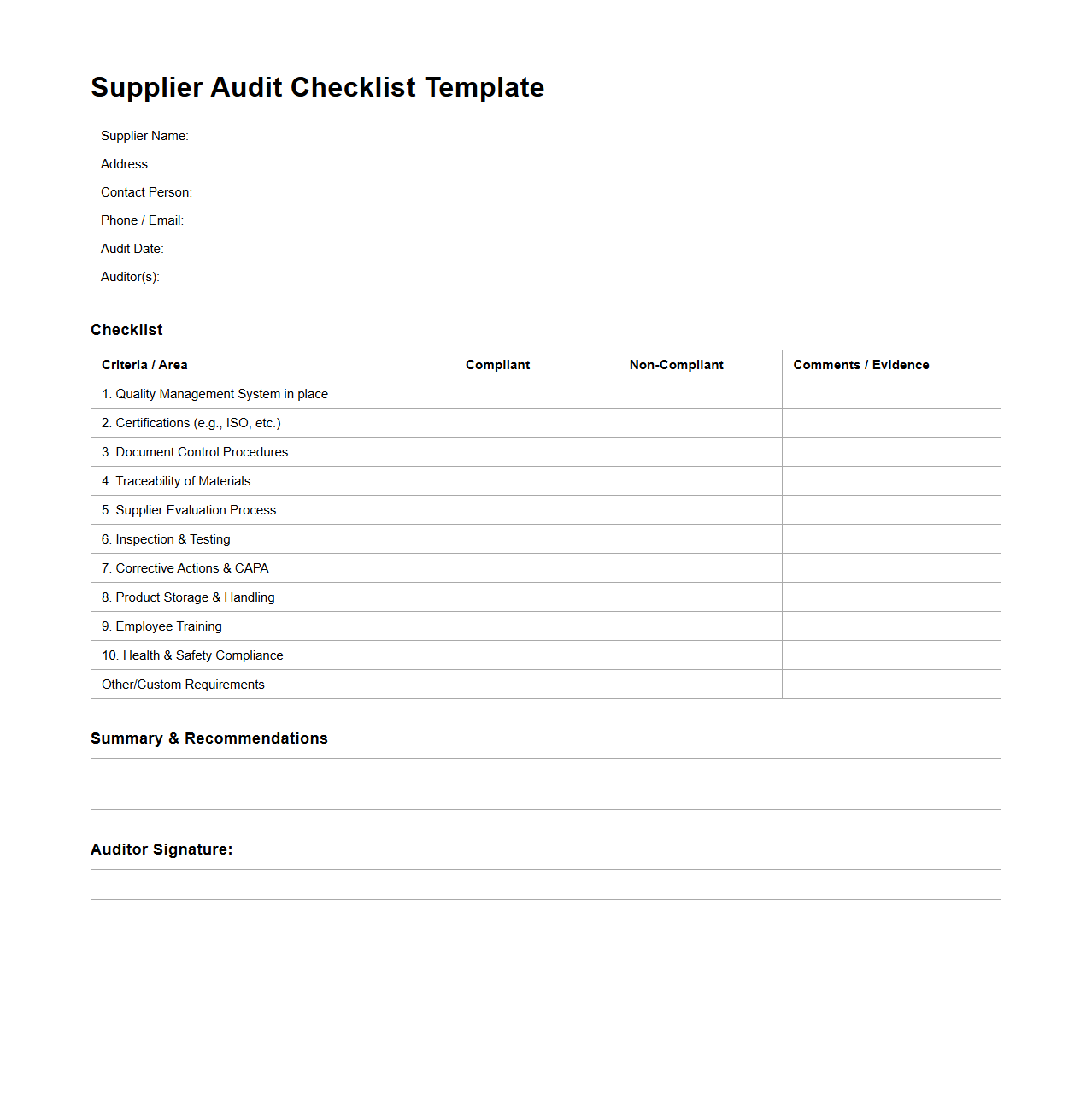 Blank Supplier Audit Checklist Template for Vendor Compliance