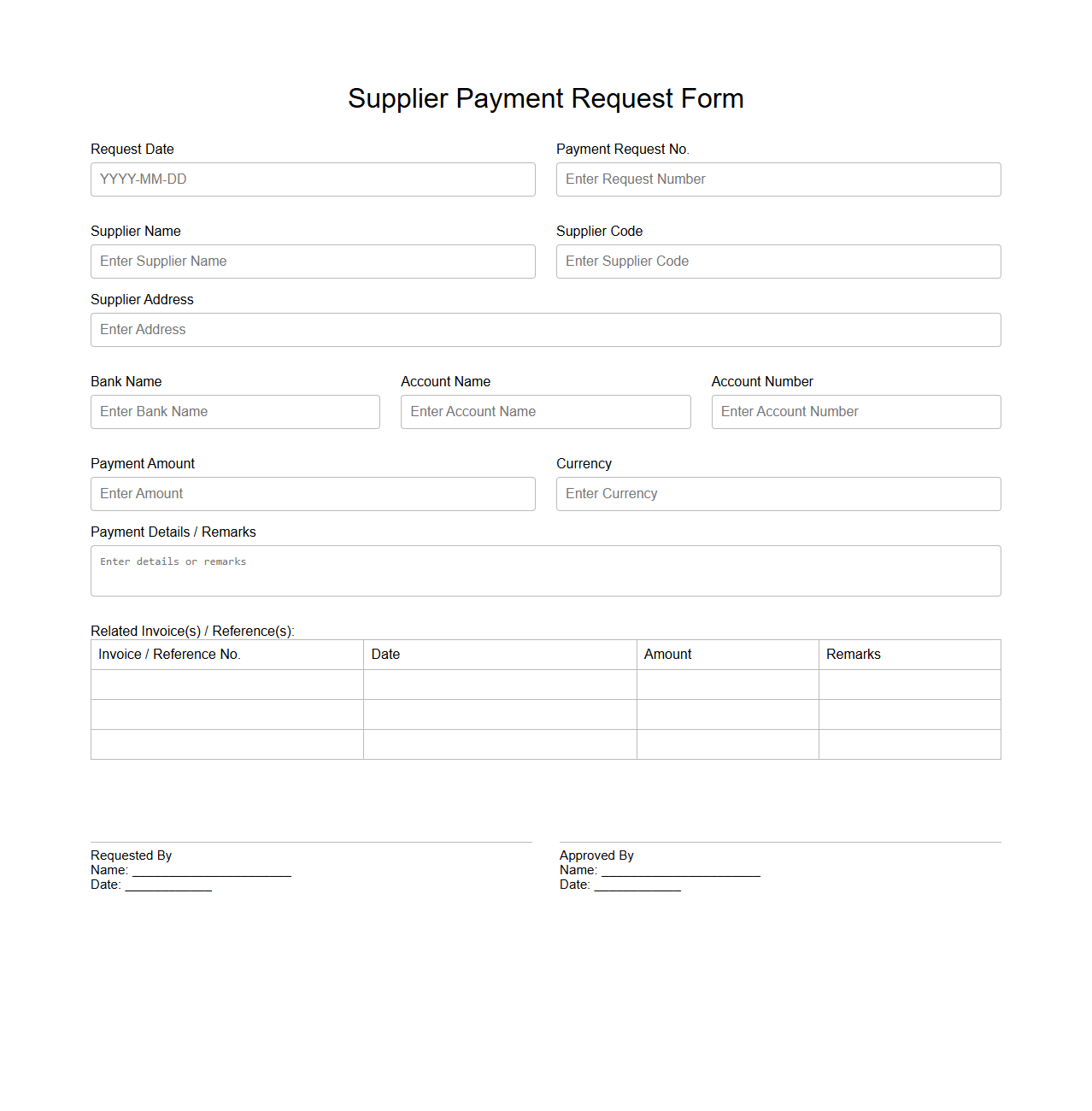 Blank Supplier Payment Request Form Template