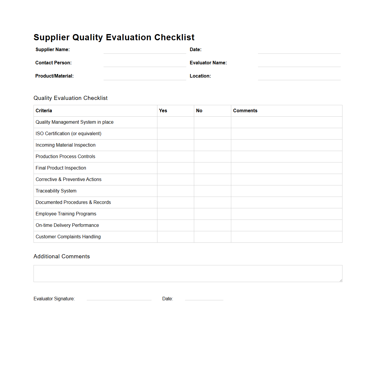 Blank Supplier Quality Evaluation Checklist for Manufacturing