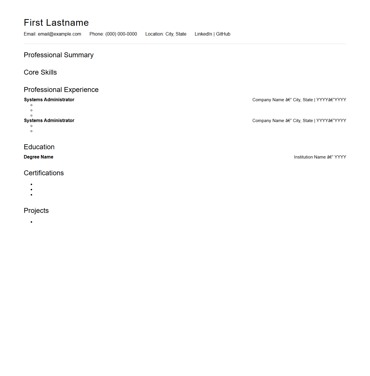 Blank Systems Administrator Resume Template