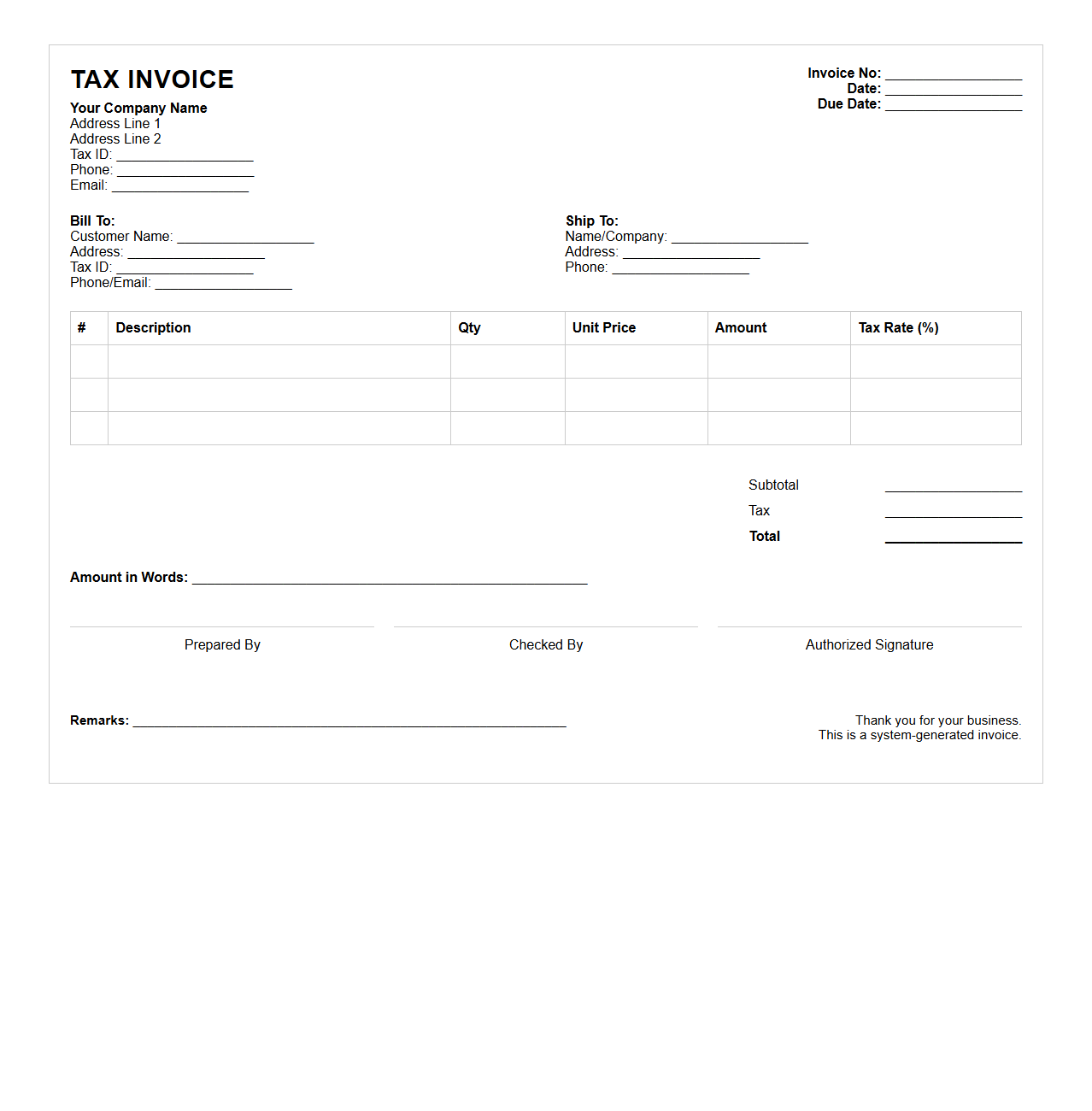 Blank Tax Invoice Template for Sales Transactions