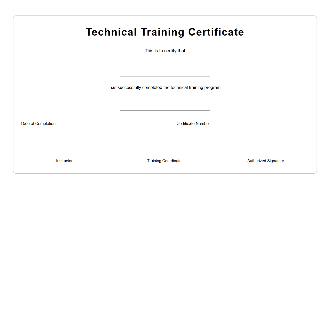 Blank Technical Training Certificate Template