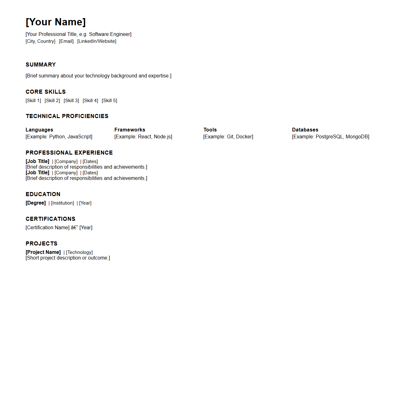 Blank Technology Expertise Resume Framework