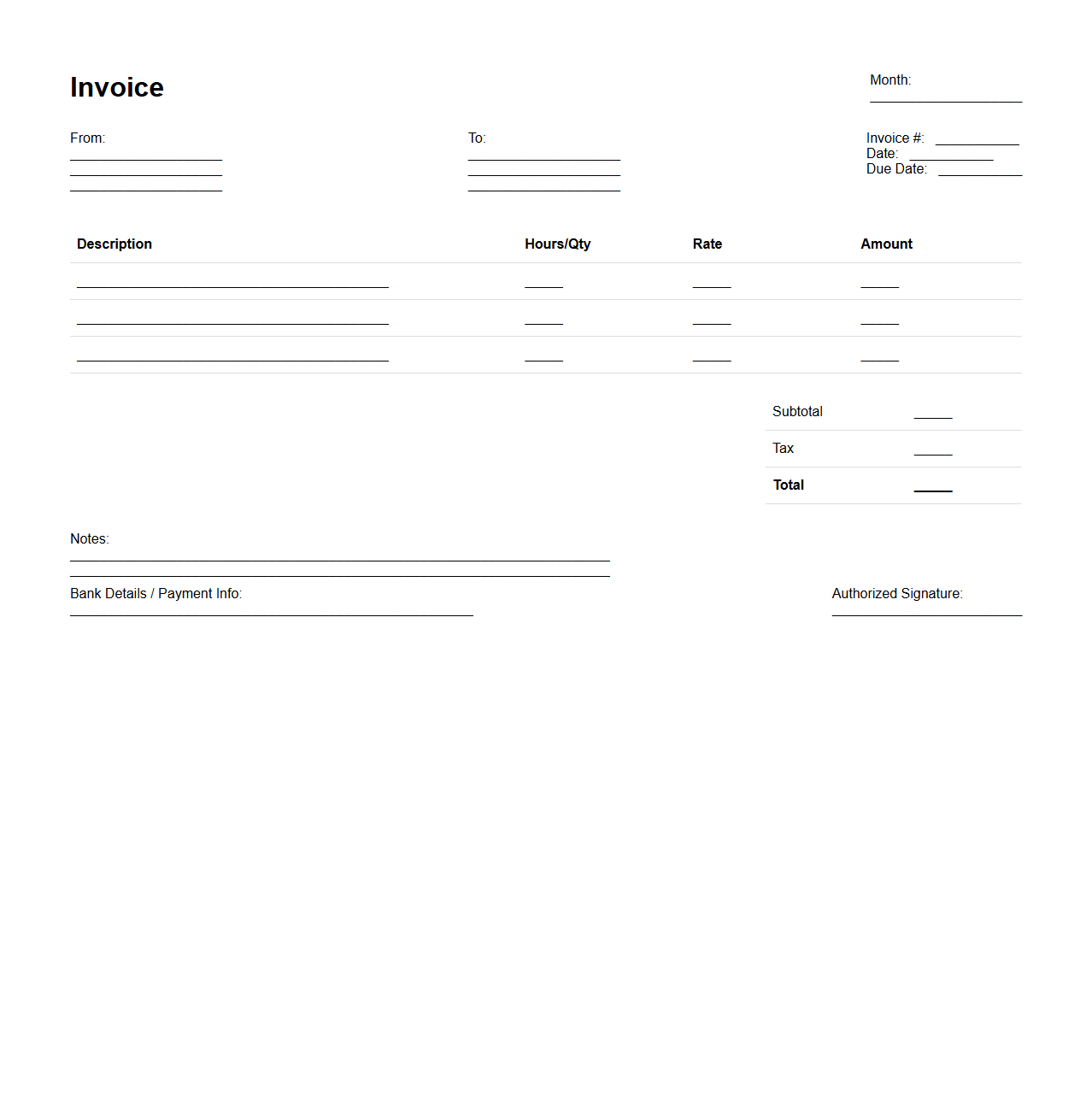 Blank Template for Ongoing Monthly Invoices