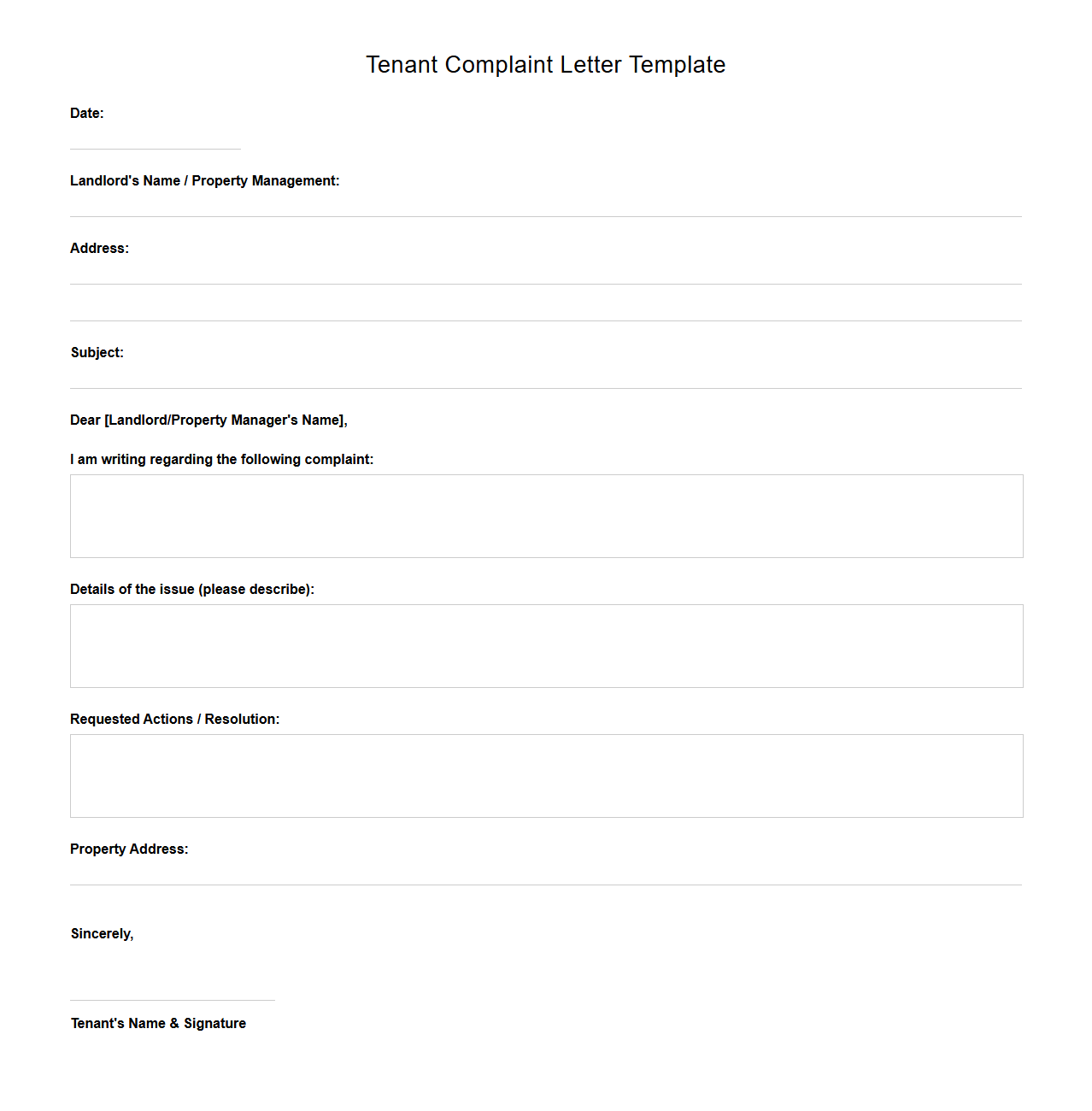 Blank Tenant Complaint Letter Template