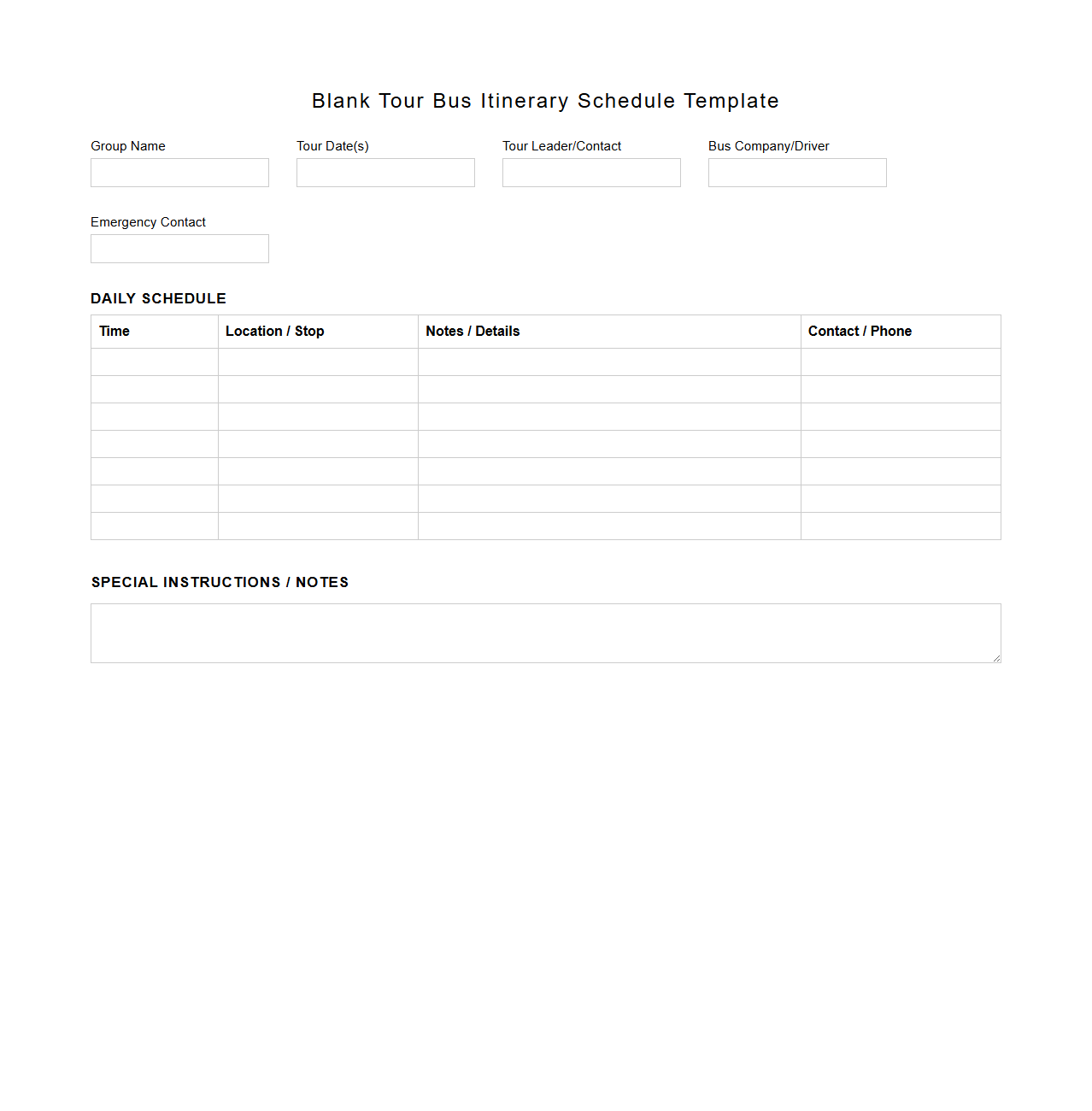 Blank Tour Bus Itinerary Schedule Template