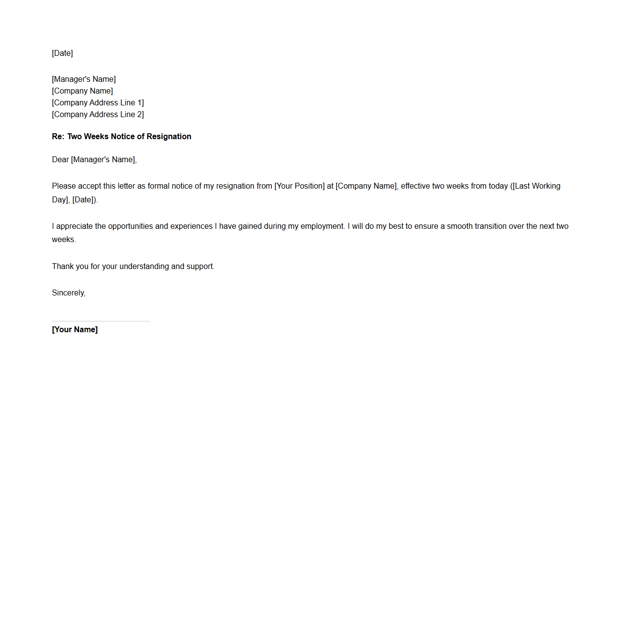 Blank Two Weeks Notice Resignation Letter for Employees