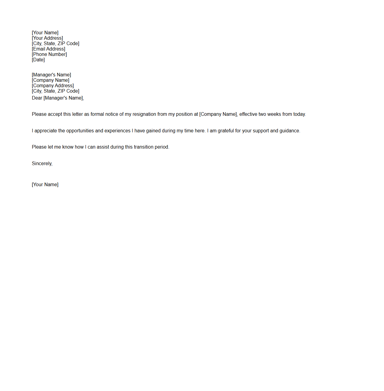 Blank Two Weeks Notice Resignation Letter Sample