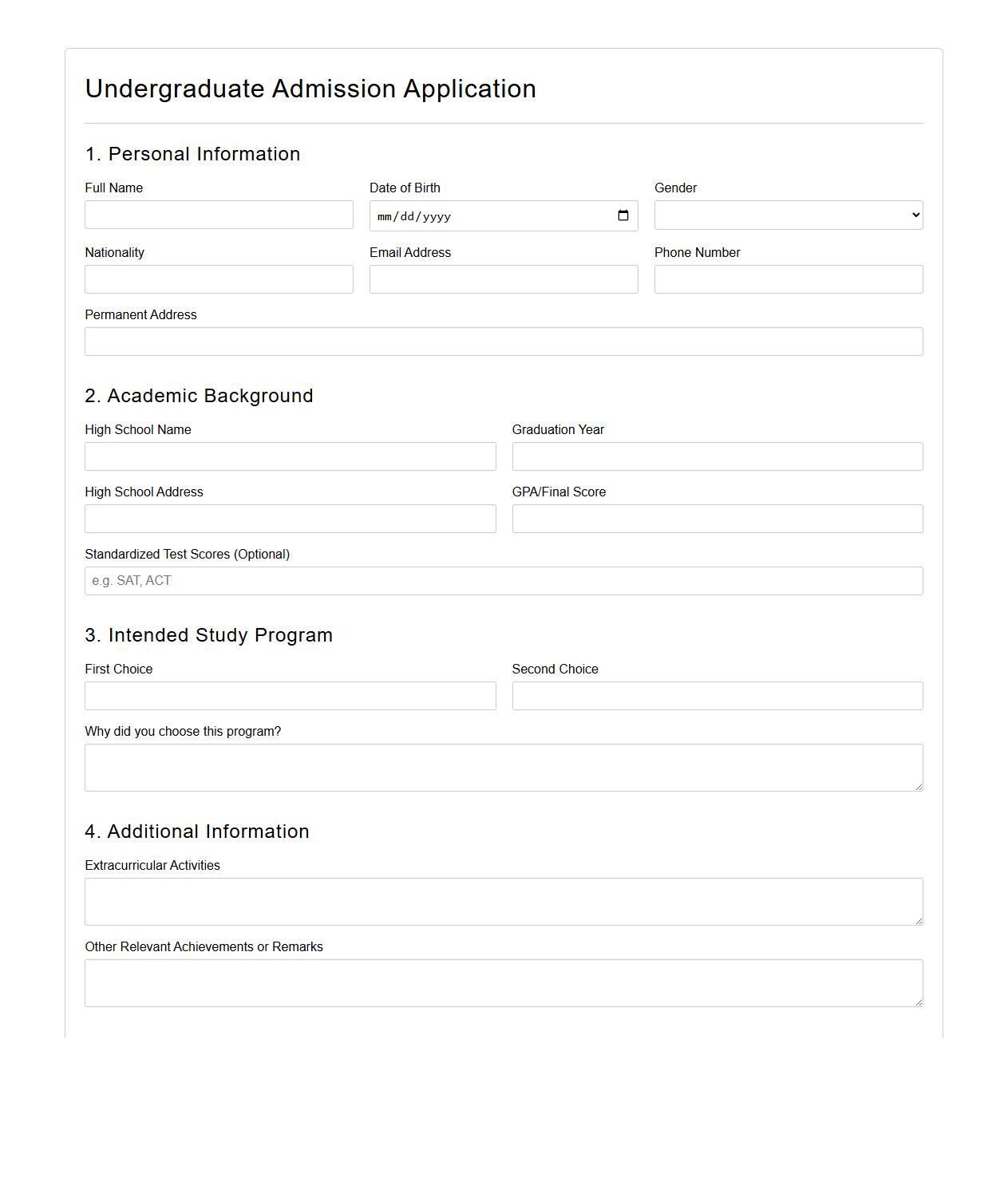 Blank Undergraduate Admission Document for University Entry