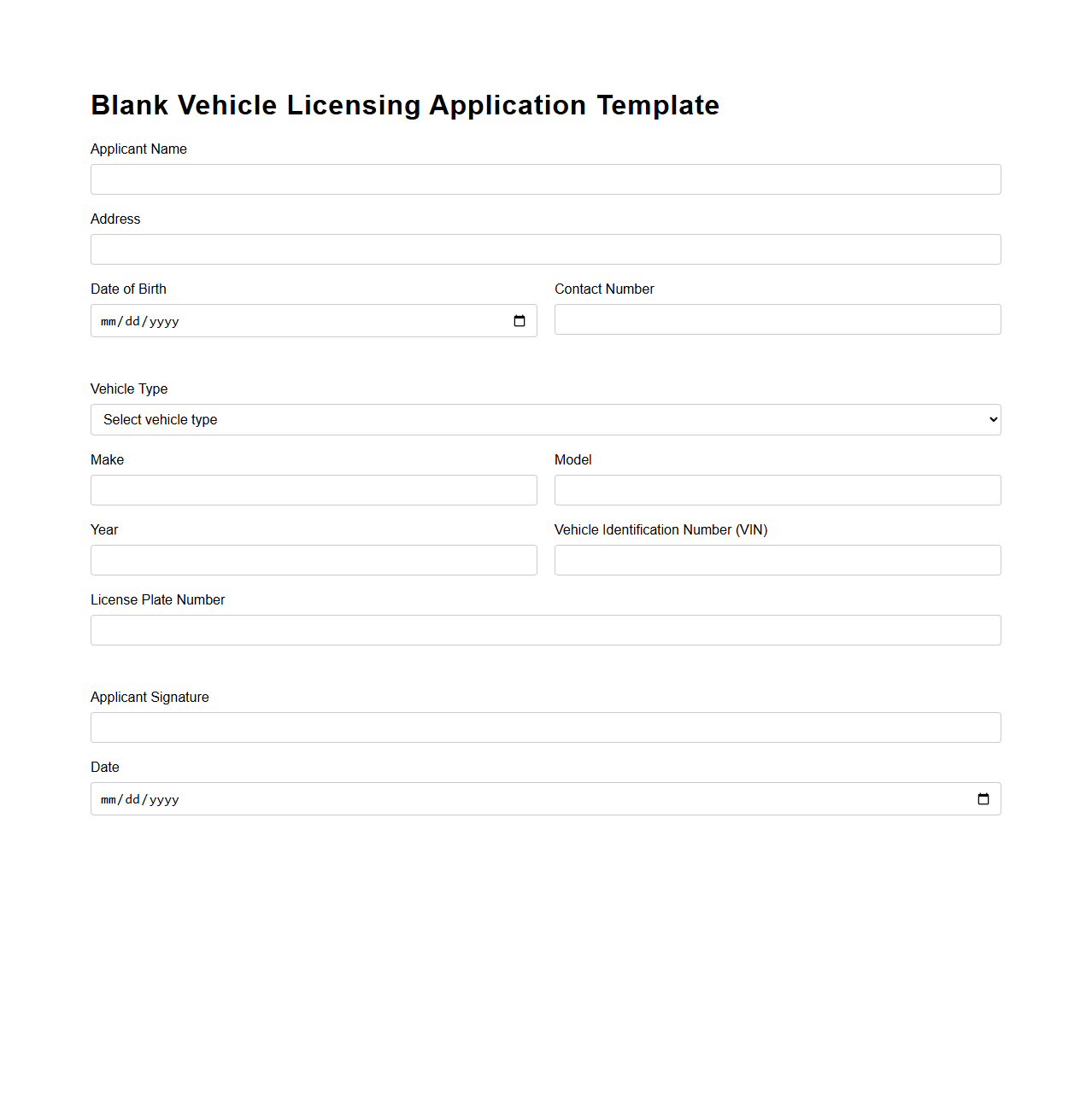 Blank Vehicle Licensing Application Template