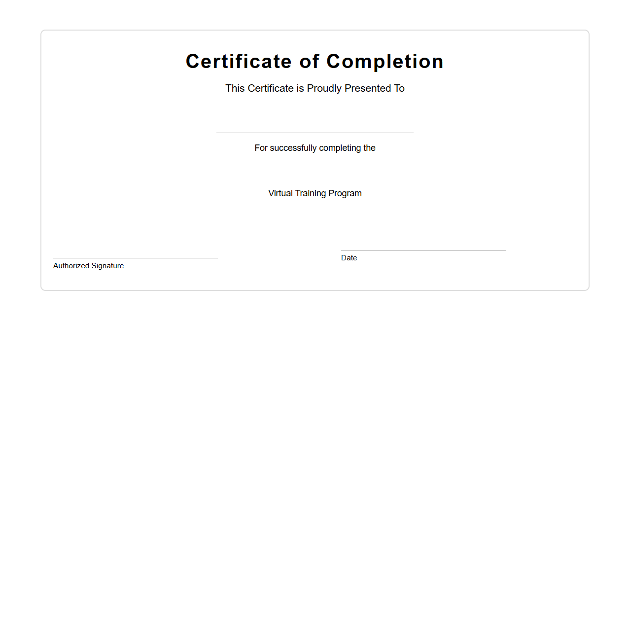 Blank Virtual Training Completion Certificate Template