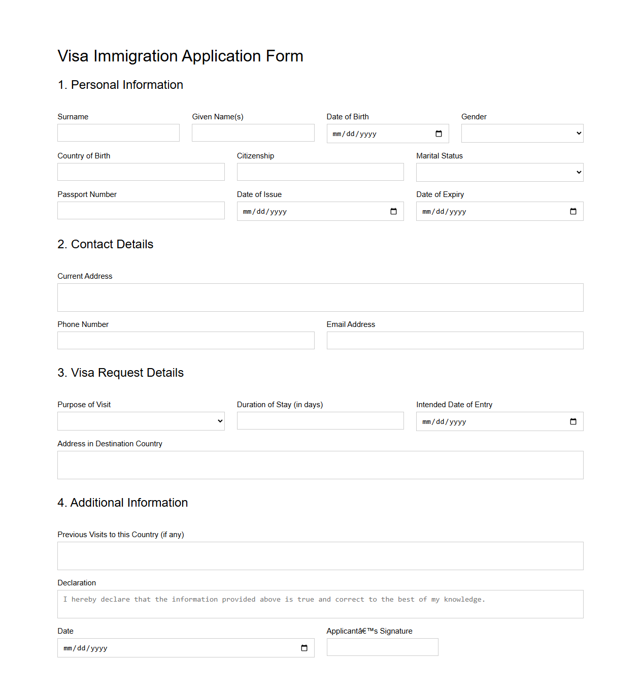 Blank Visa Immigration Application Form Template