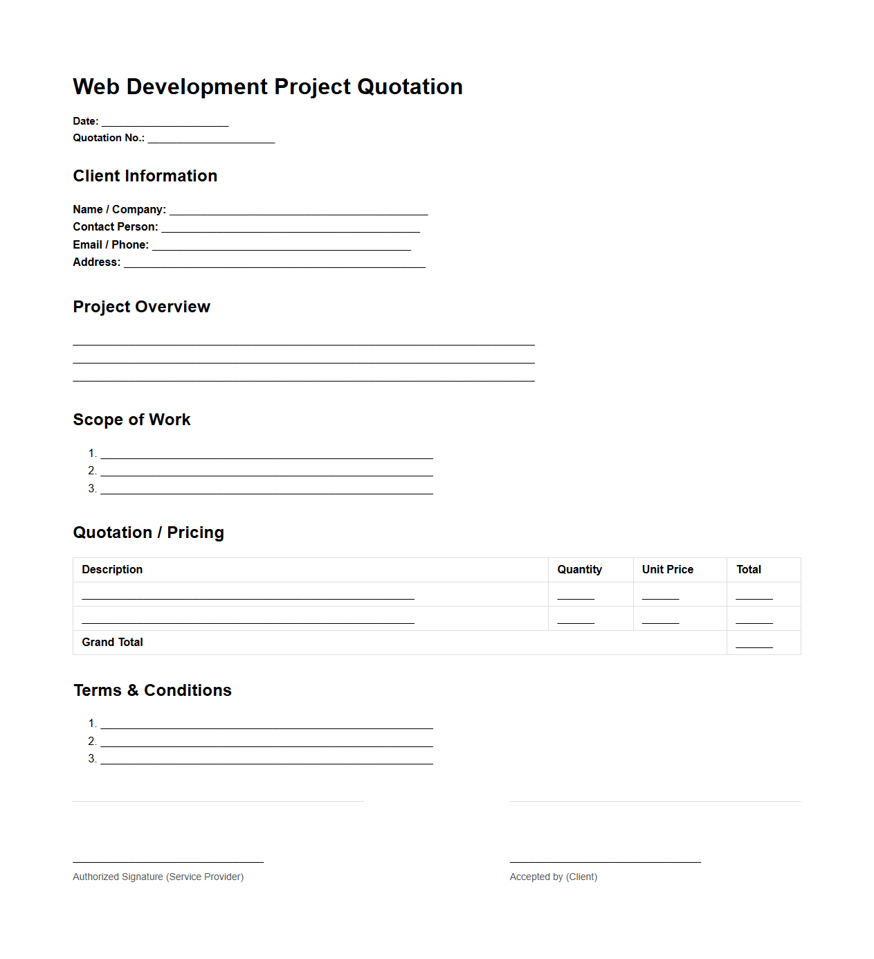 Blank Web Development Project Quotation Document