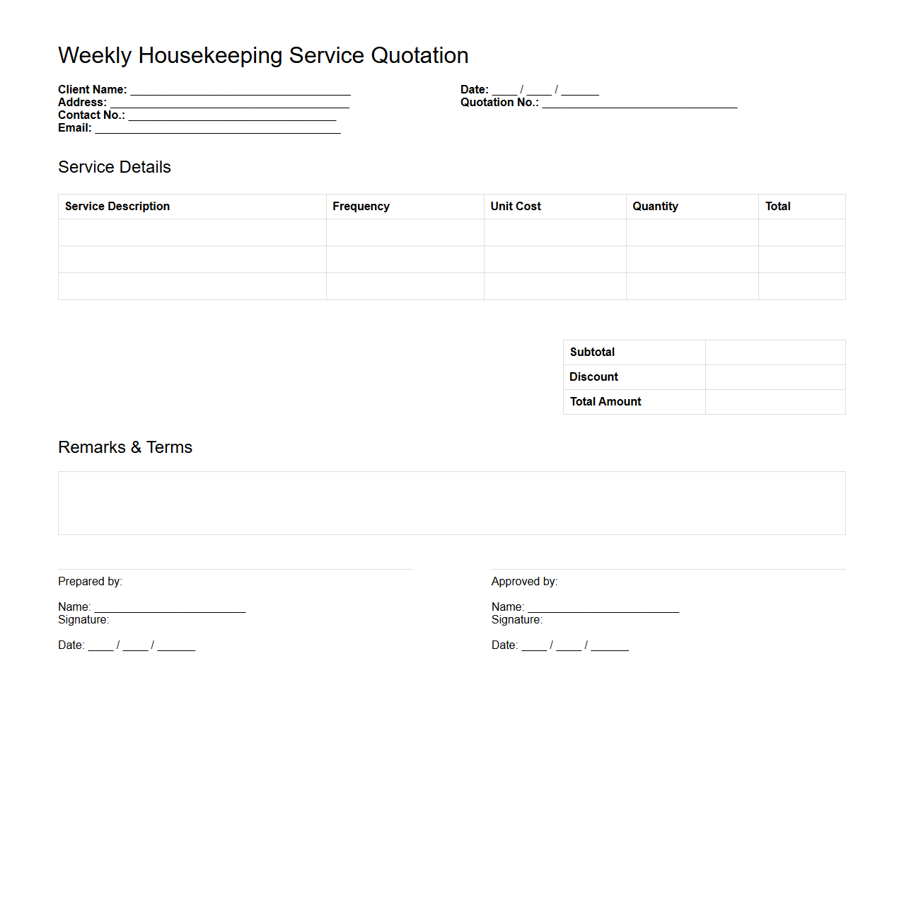 Blank Weekly Housekeeping Service Quotation