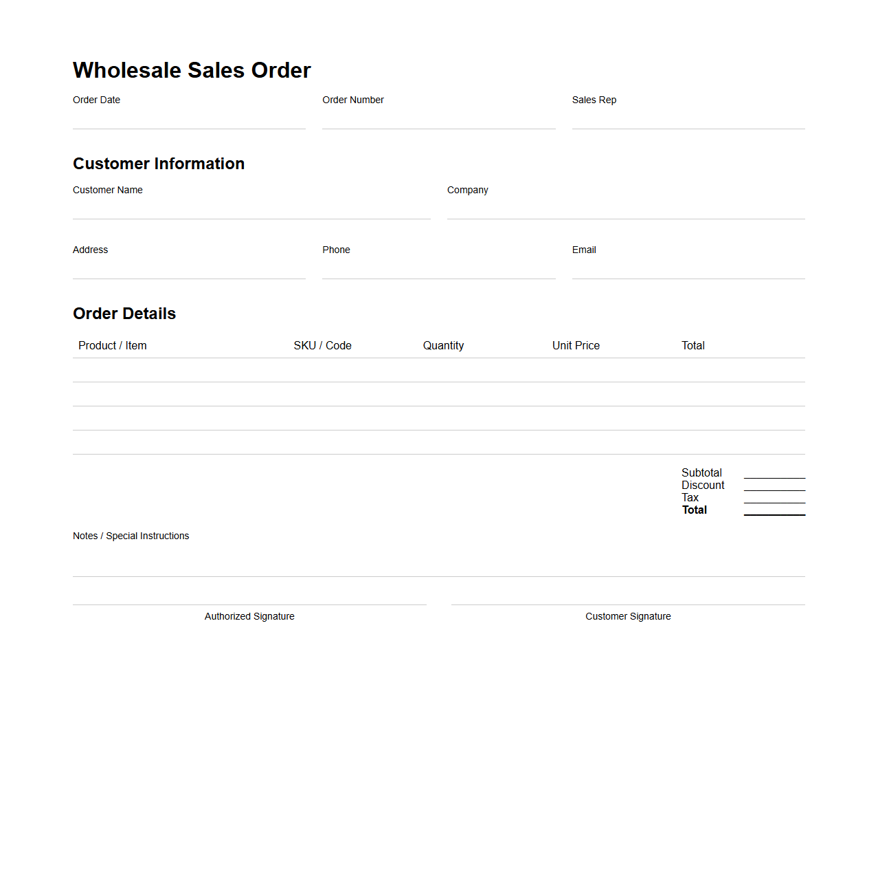 Blank Wholesale Sales Order Template