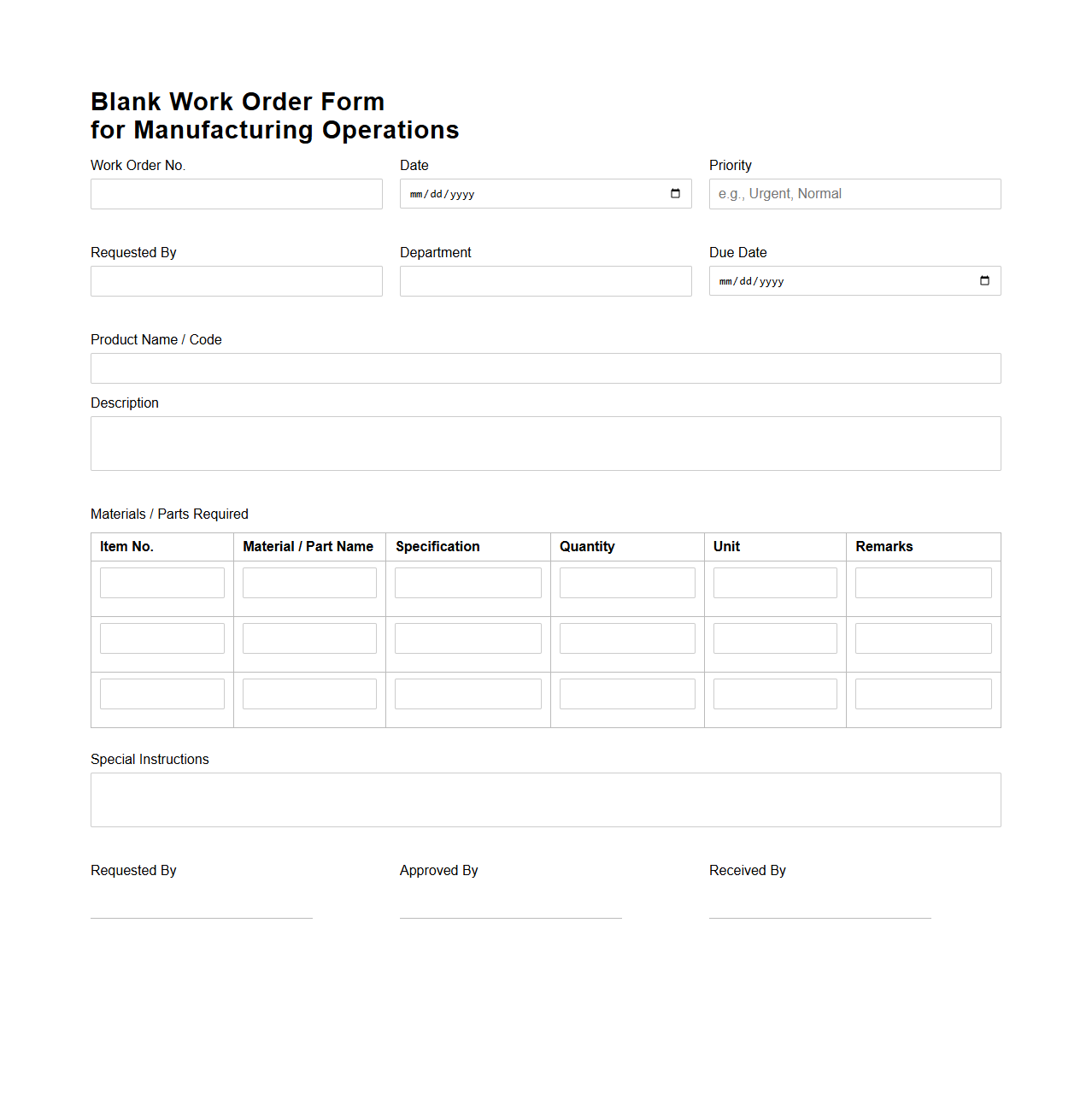 Blank Work Order Form for Manufacturing Operations