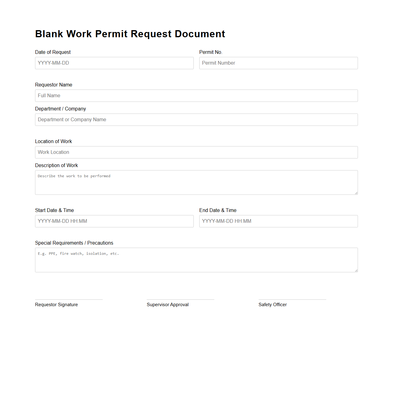 Blank Work Permit Request Document