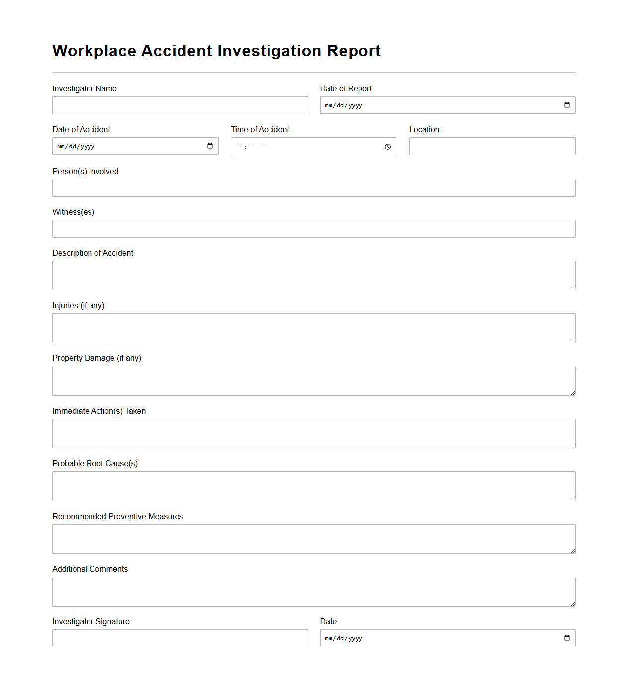 Blank Workplace Accident Investigation Report