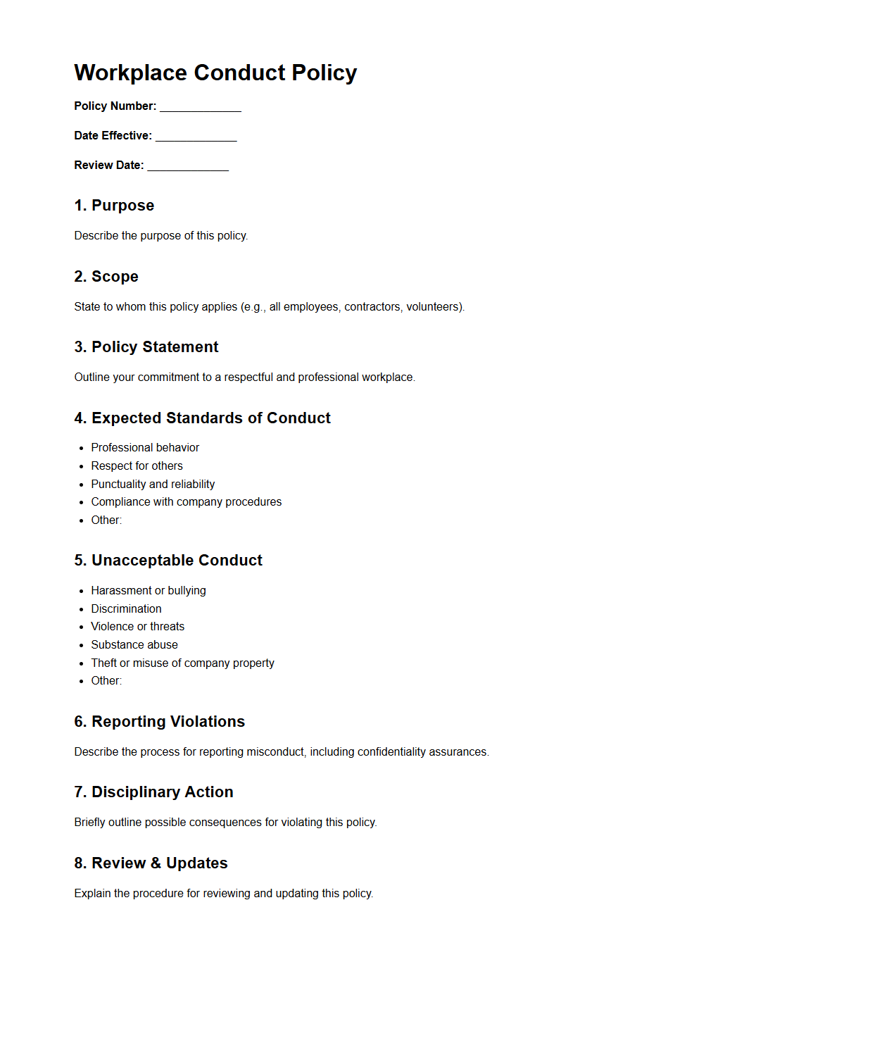 Blank Workplace Conduct Policy Template