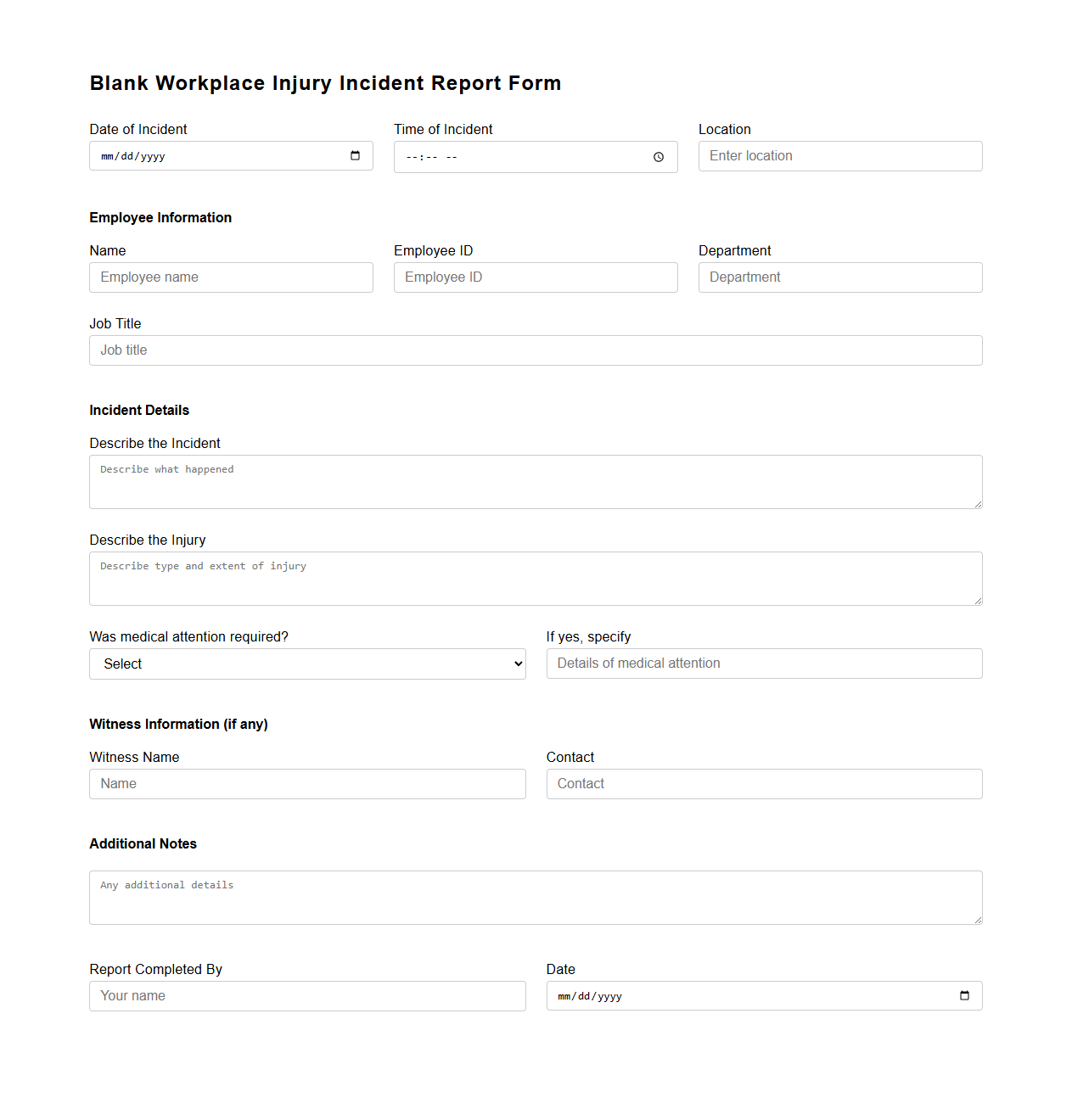 Blank Workplace Injury Incident Report Form