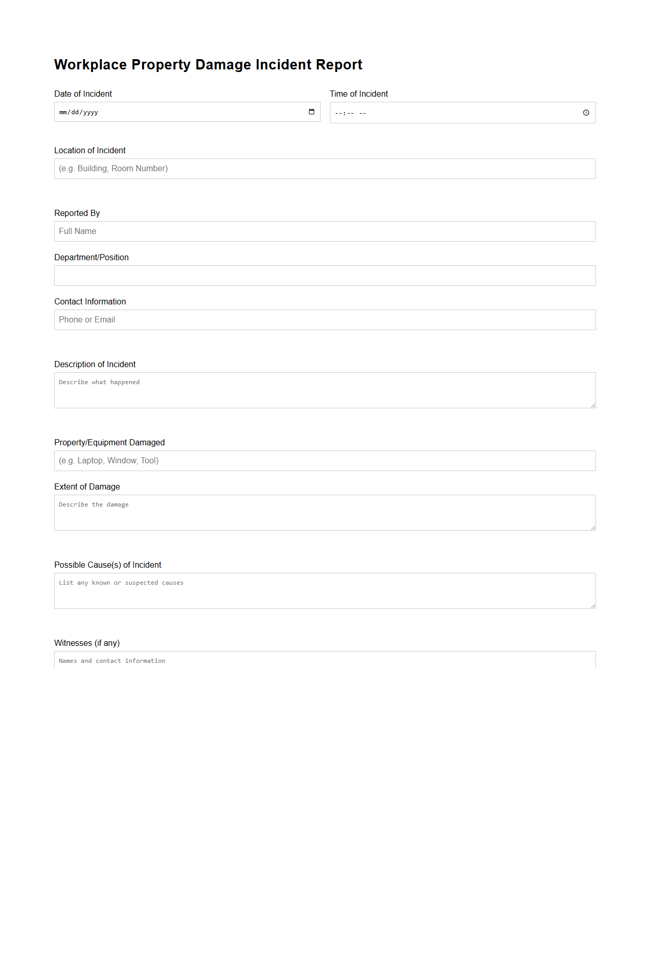 Blank Workplace Property Damage Incident Report