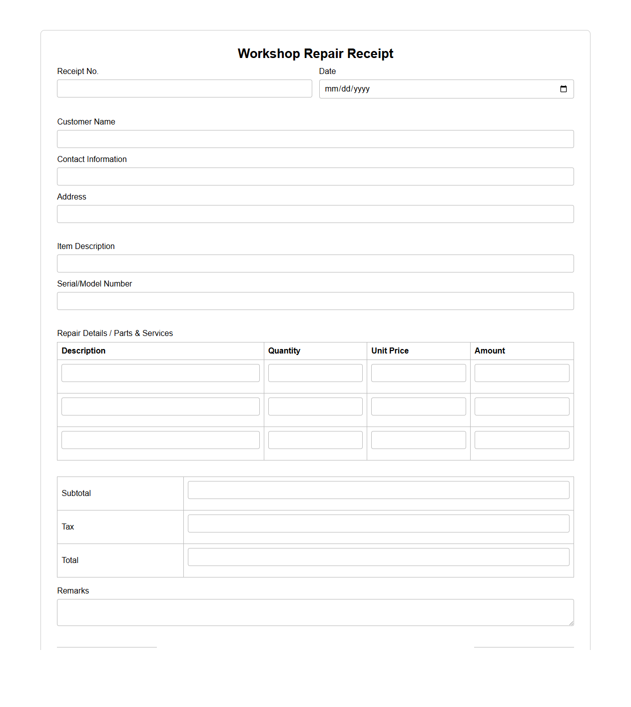 Blank Workshop Repair Receipt Template