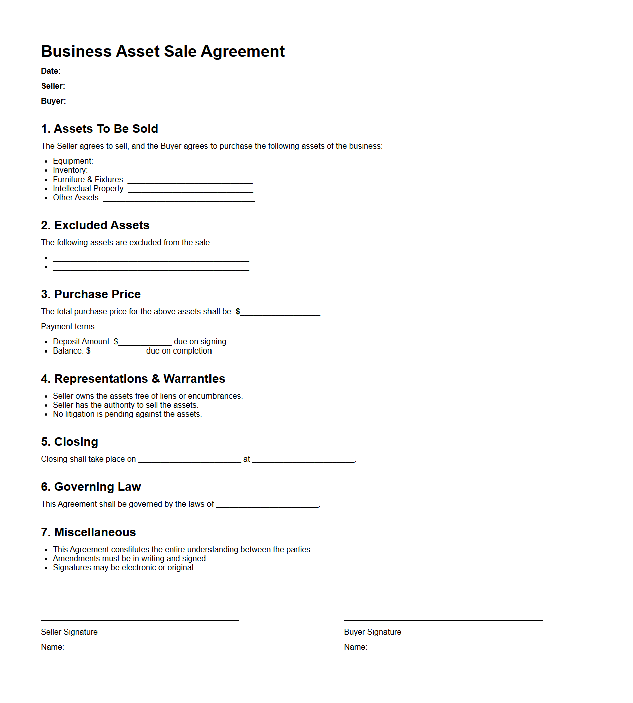 Business Asset Sale Agreement Format