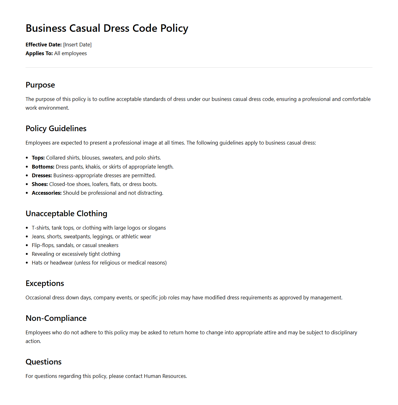 Business Casual Dress Code Policy Sample