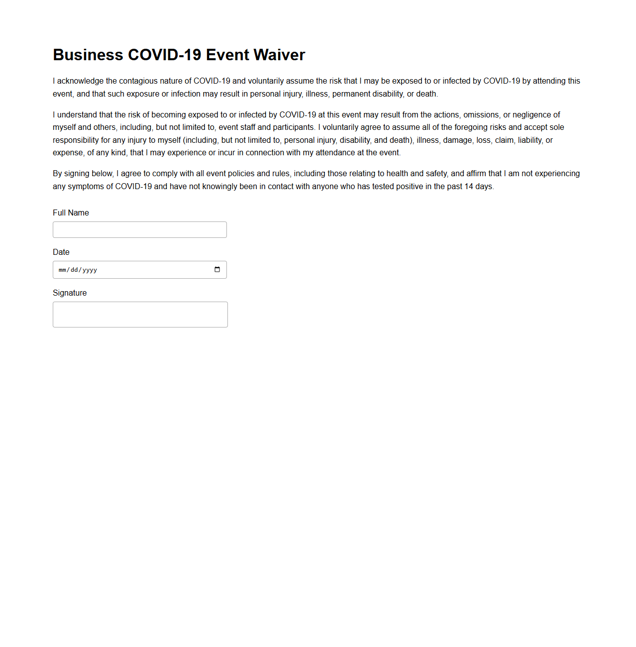 Business COVID-19 Event Waiver Template