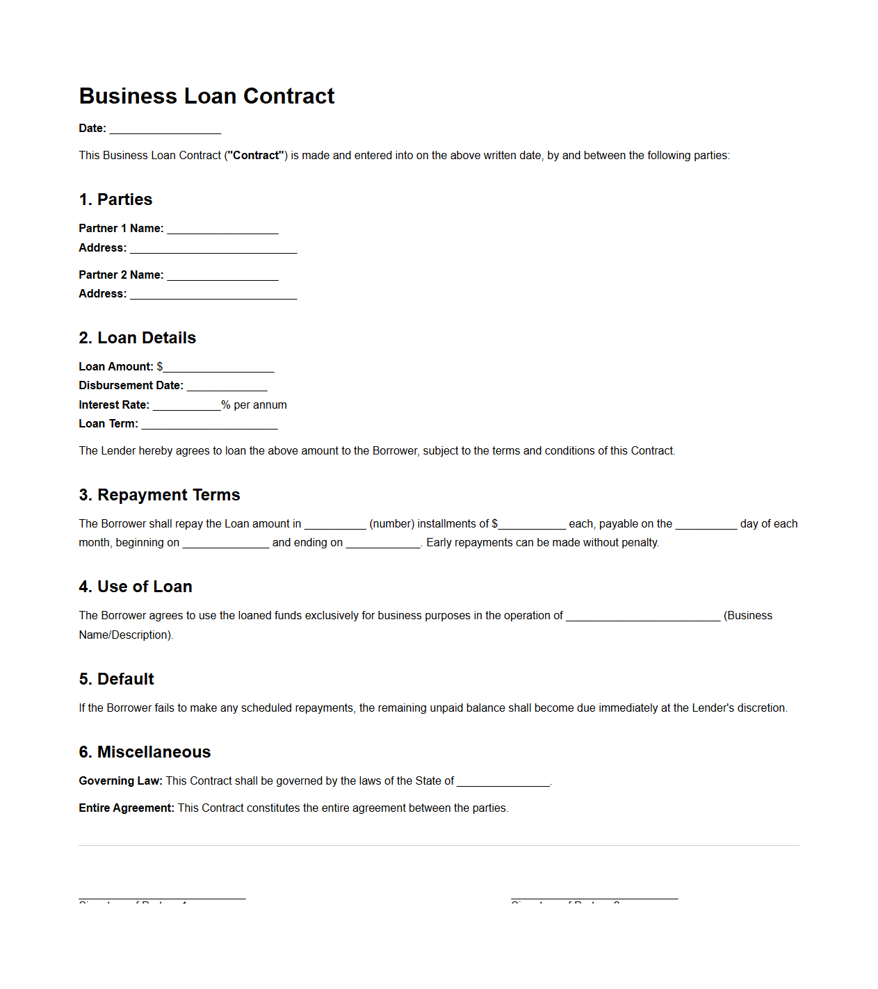 Business Loan Contract Sample for Partners