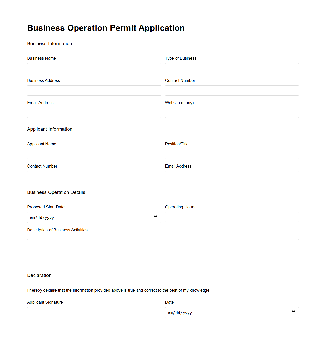Business Operation Permit Blank Application