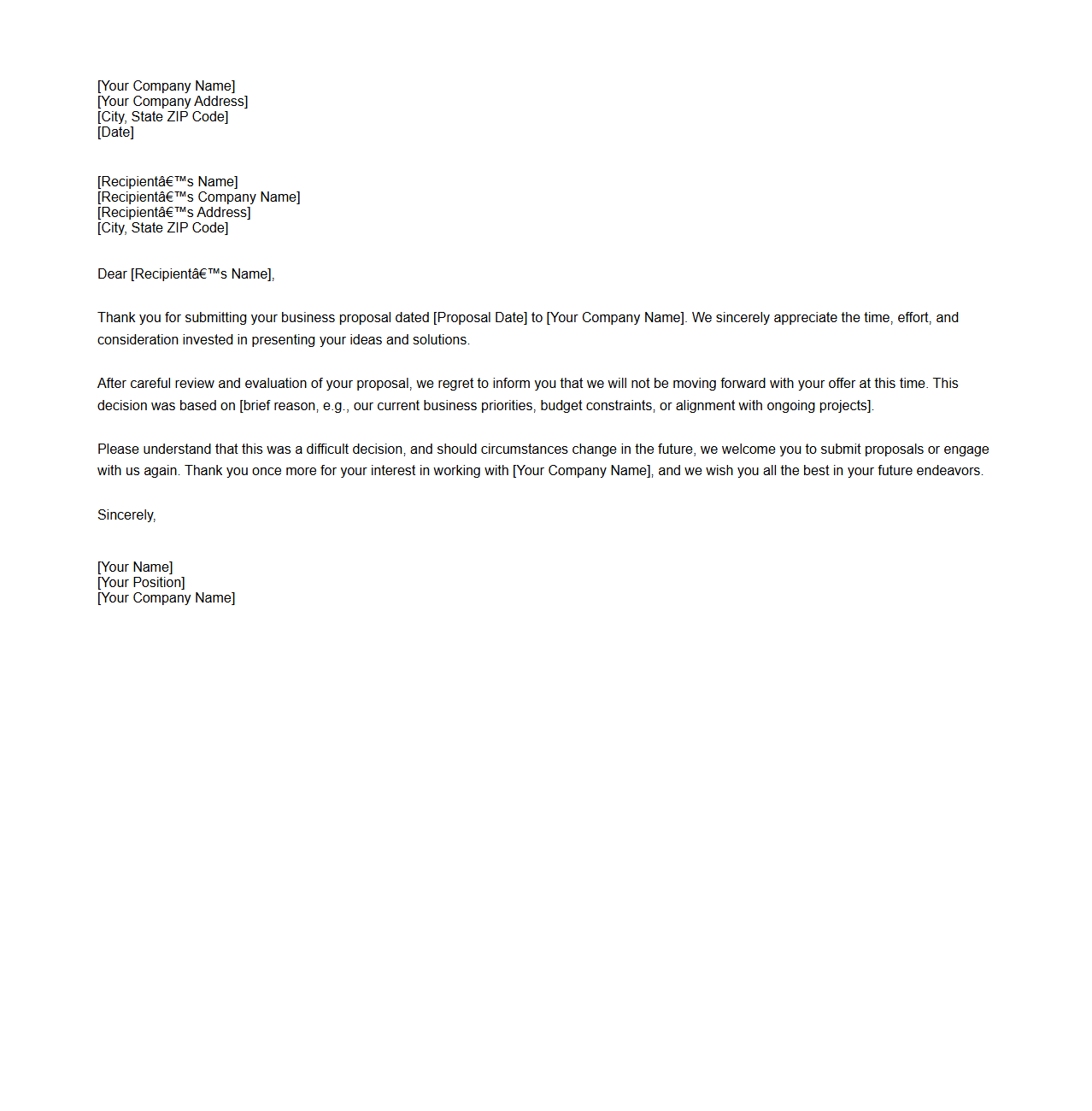 Business Proposal Rejection Letter Template