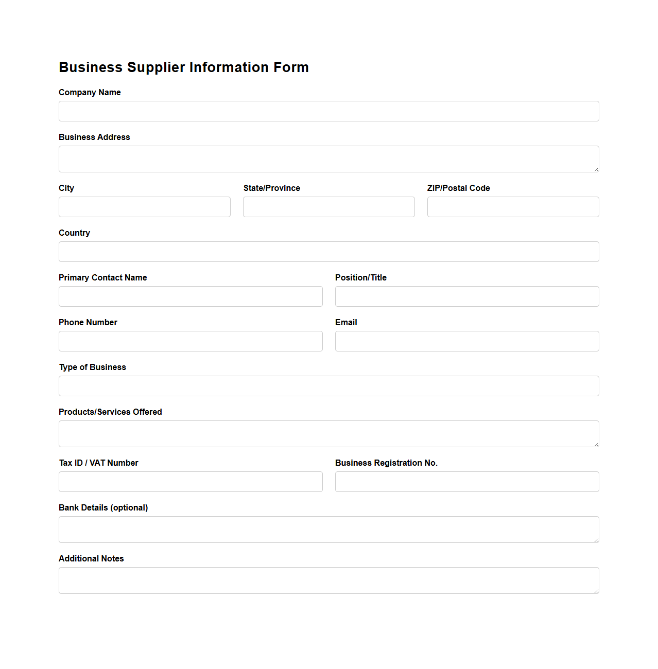 Business Supplier Information Form