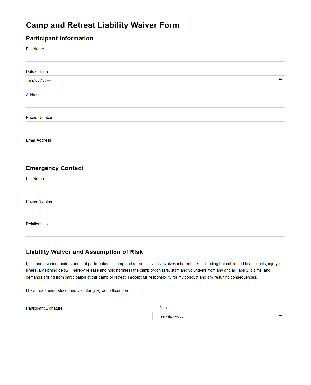 Camp and Retreat Liability Waiver Form