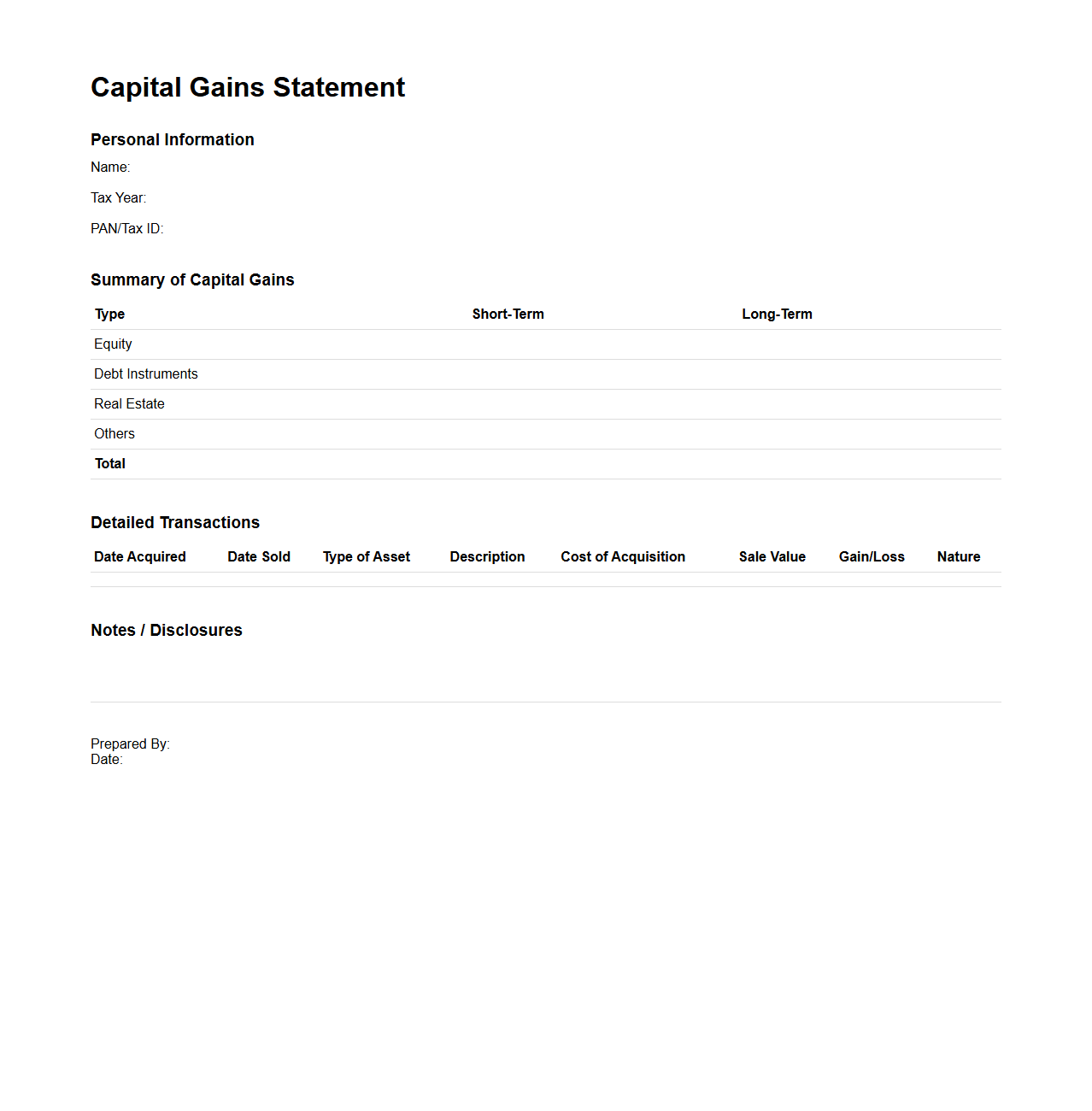 Capital Gains Statement Outline
