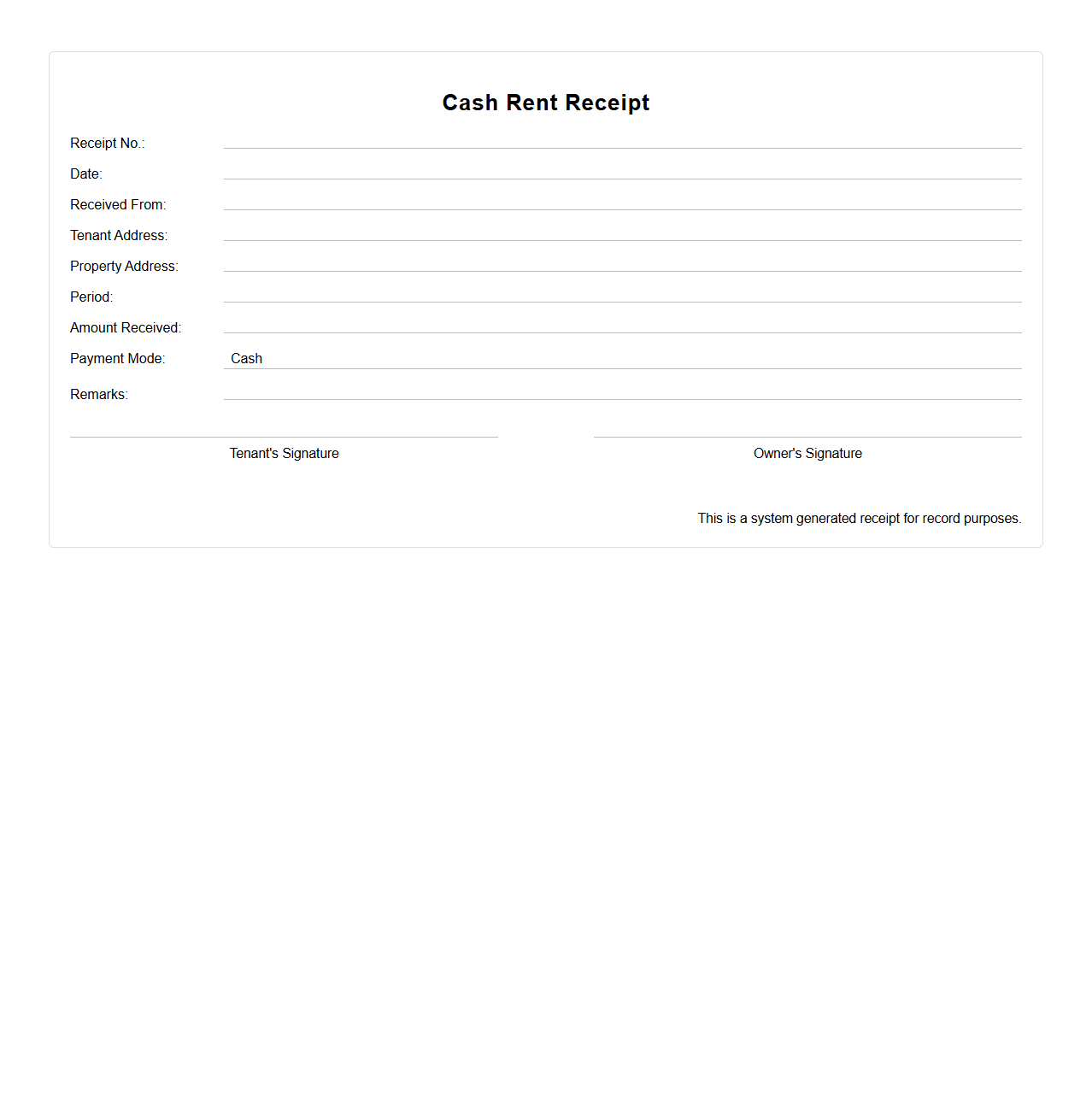 Cash Rent Receipt Format for Property Owners