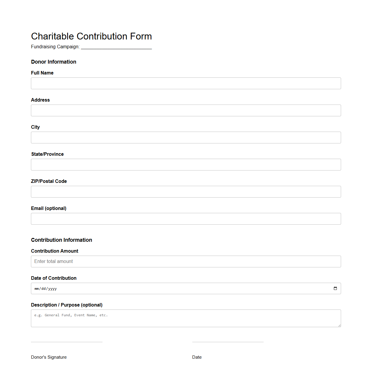 Charitable Contribution Blank Form for Fundraising Campaigns