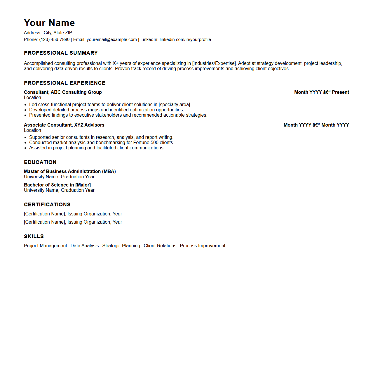 Chronological Consulting Resume Format