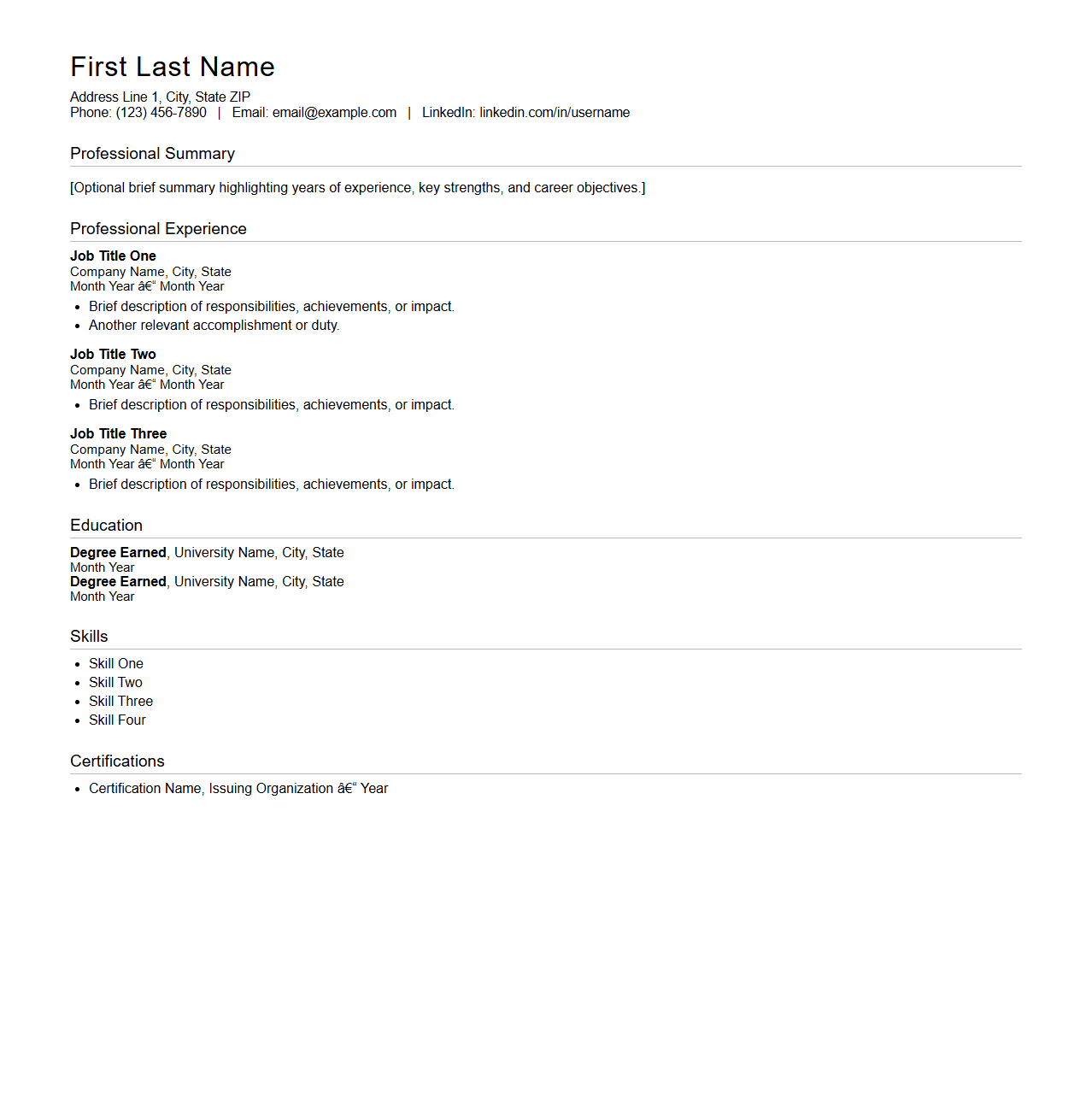 Chronological Professional Experience Resume