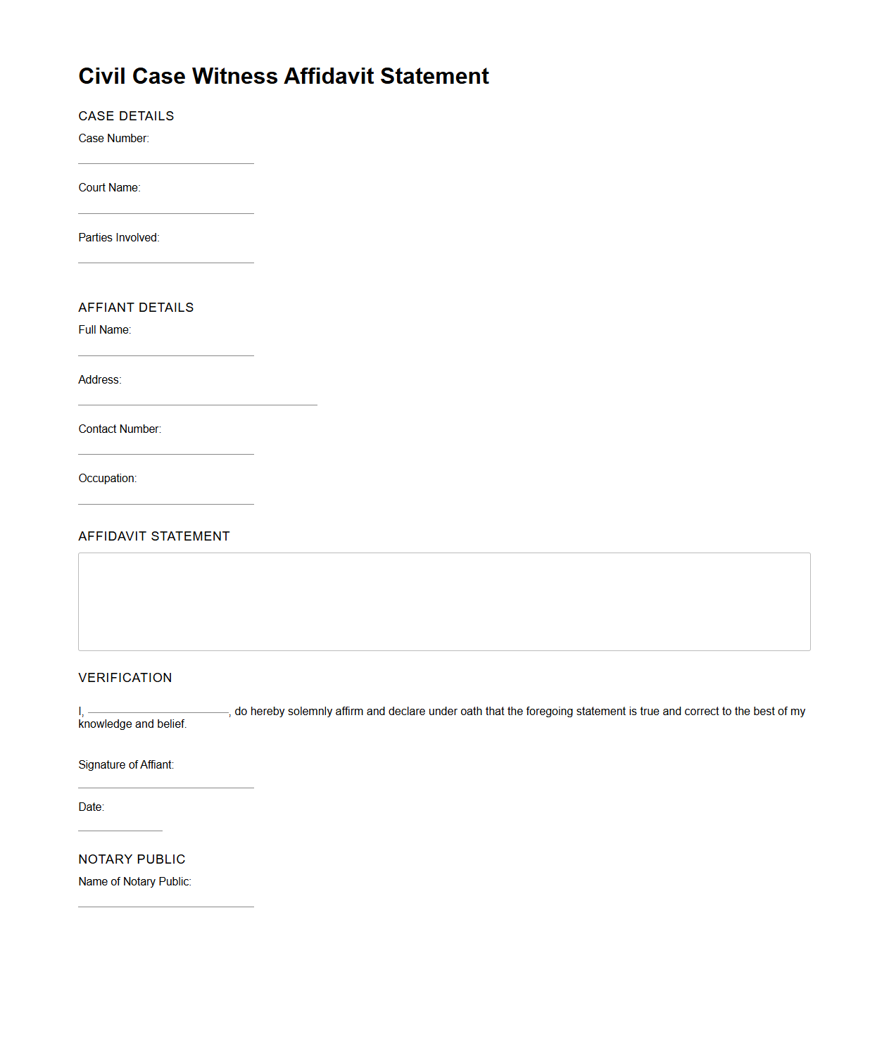Civil Case Witness Affidavit Statement Format