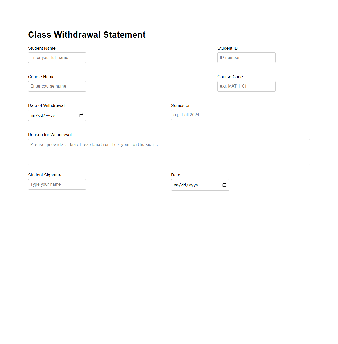 Class Withdrawal Statement Template